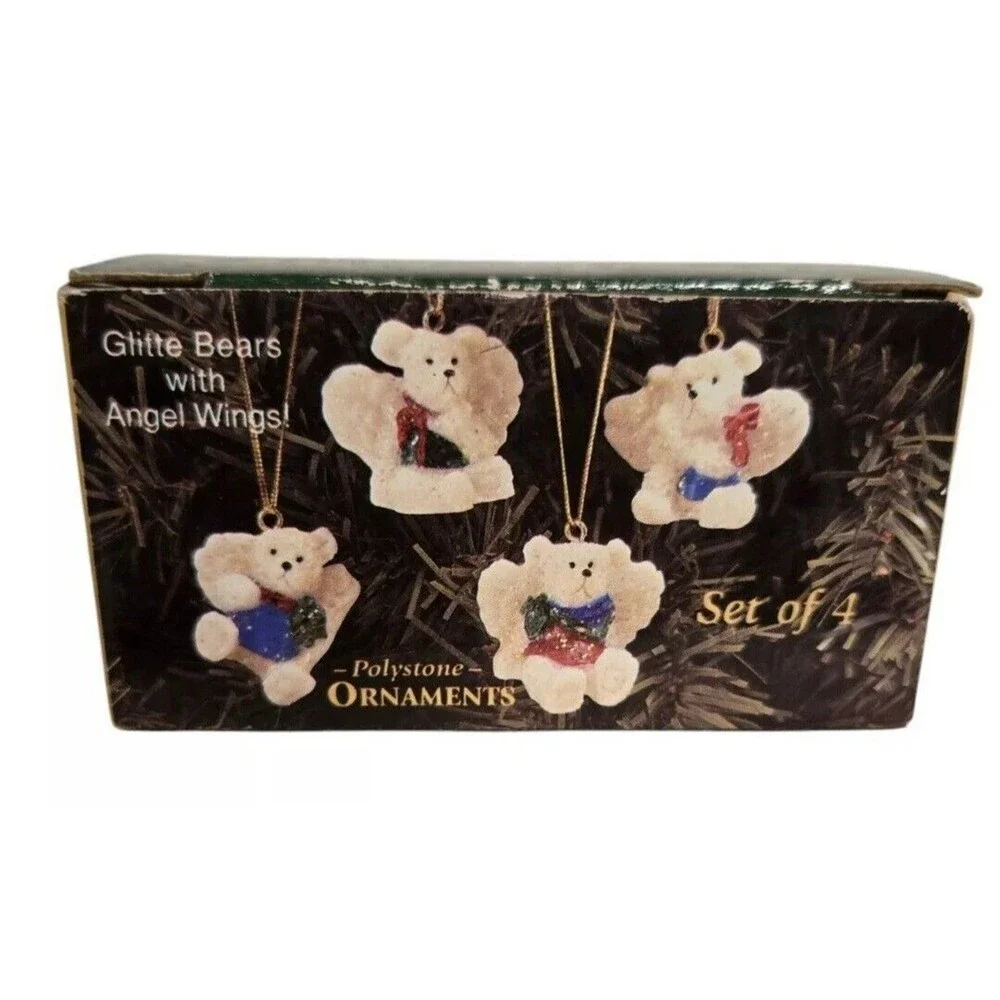 (4) Christmas Ornaments Angel Bear Wings SetPolystone Ornaments